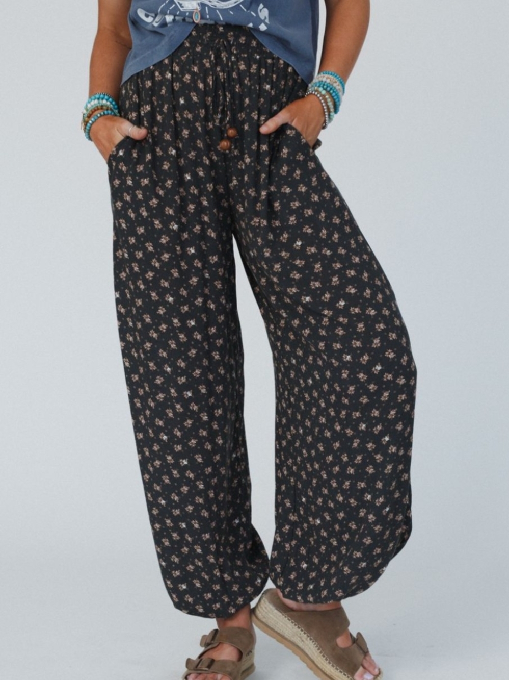 Three Bird Nest Emberlyn Floral Print Pants, Black, SZ XL